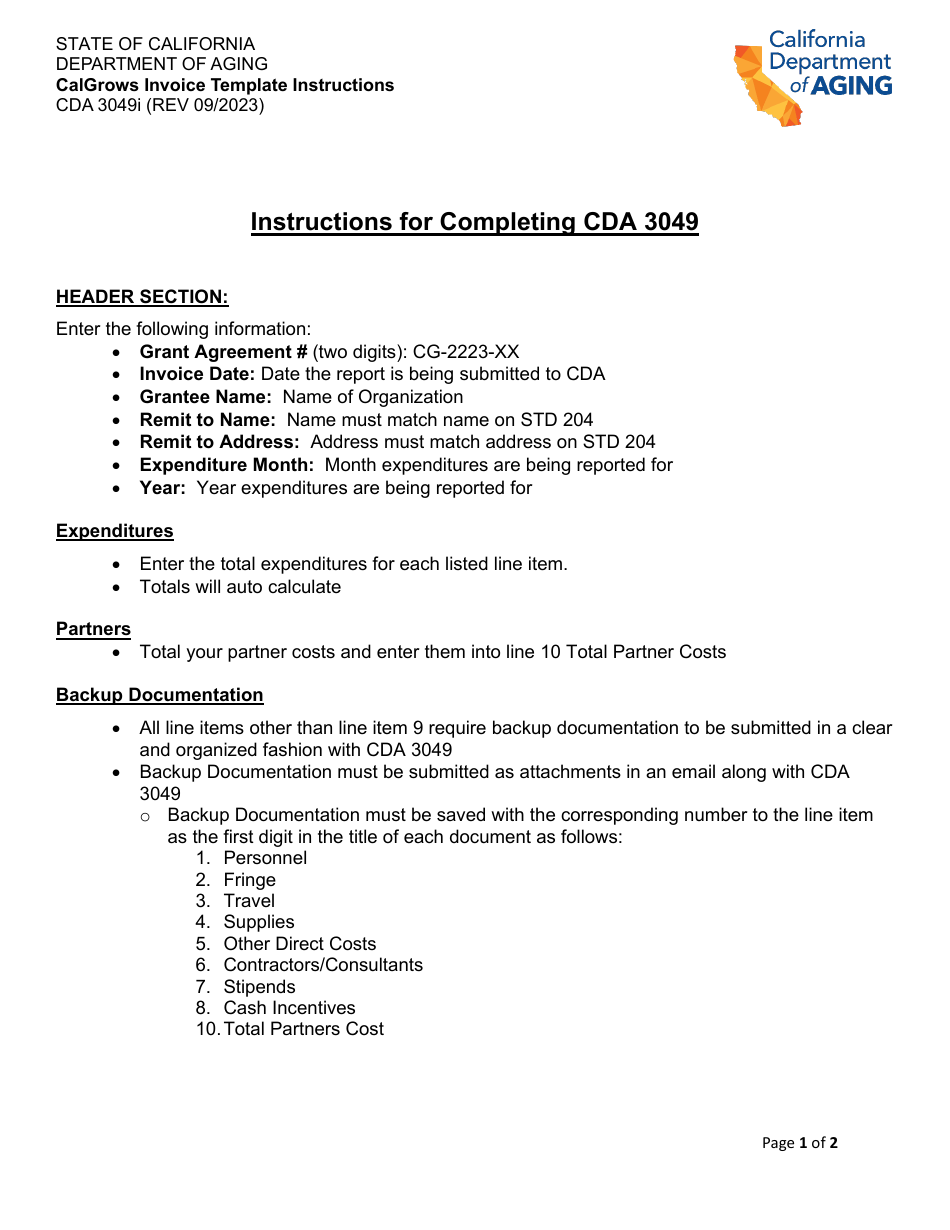 Instructions for Form CDA3049 Calgrows Reimbursement Template - California, Page 1