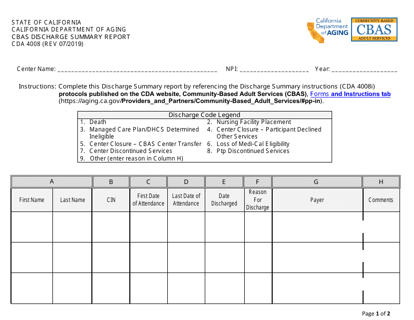Form CDA4008 Cbas Discharge Summary Report - California