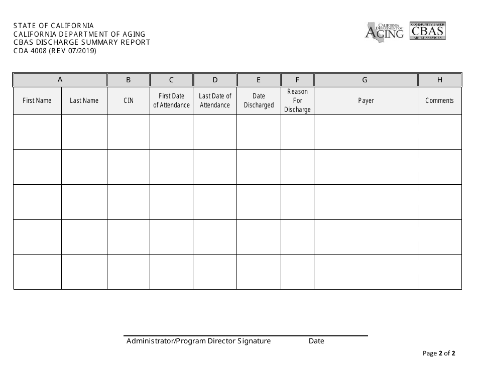 Form CDA4008 Cbas Discharge Summary Report - California, Page 2