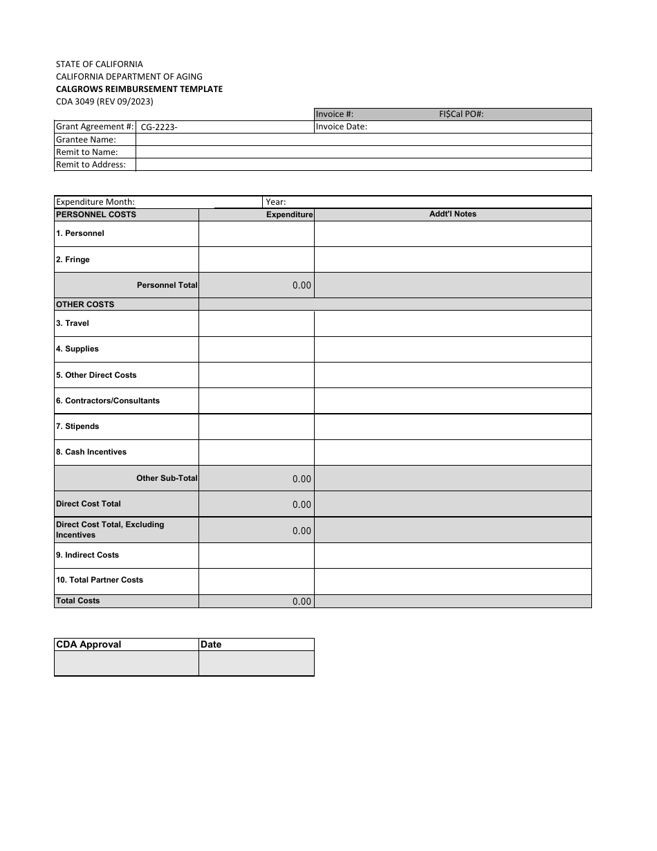 Form CDA3049 Calgrows Reimbursement Template - California, Page 1