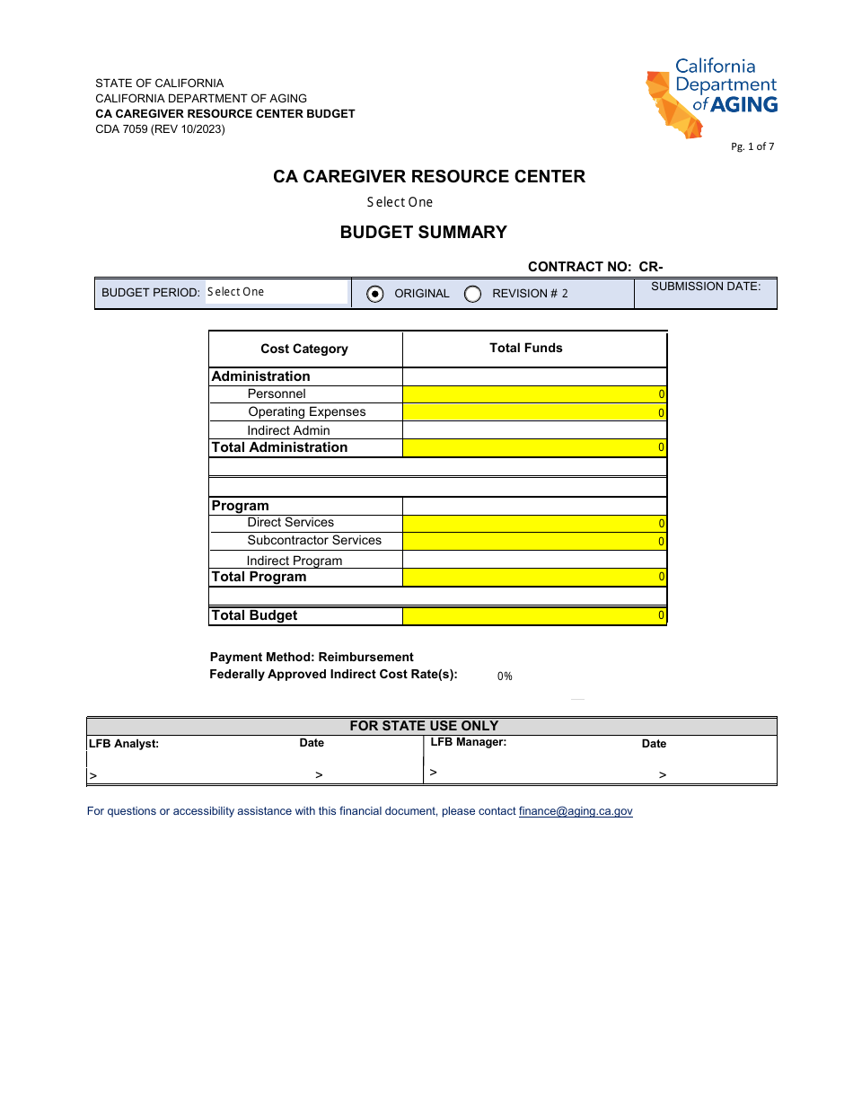 Form CDA7059 Ca Caregiver Resource Center Budget - California, Page 1