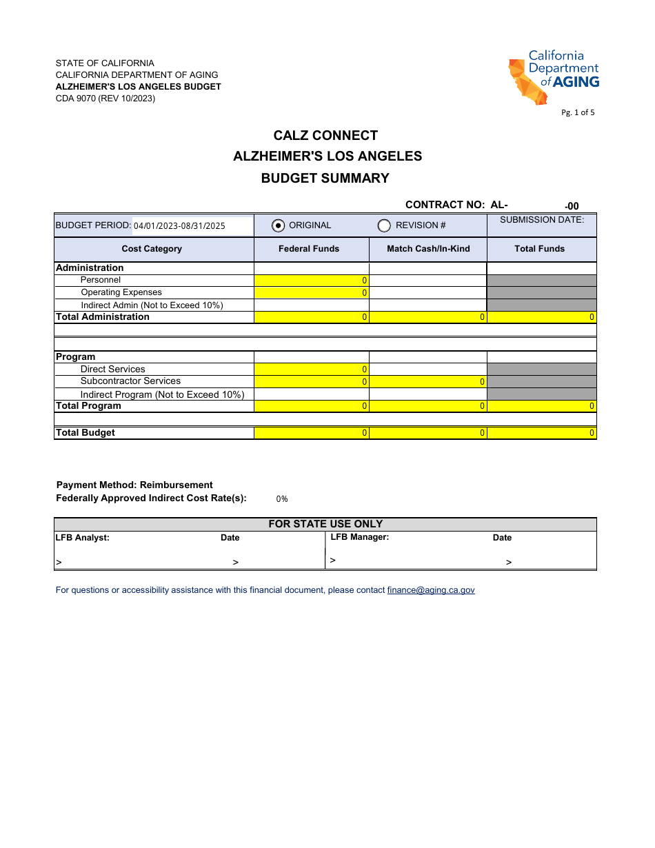 Form CDA9070 Alzheimers Los Angeles Budget Summary - California, Page 1