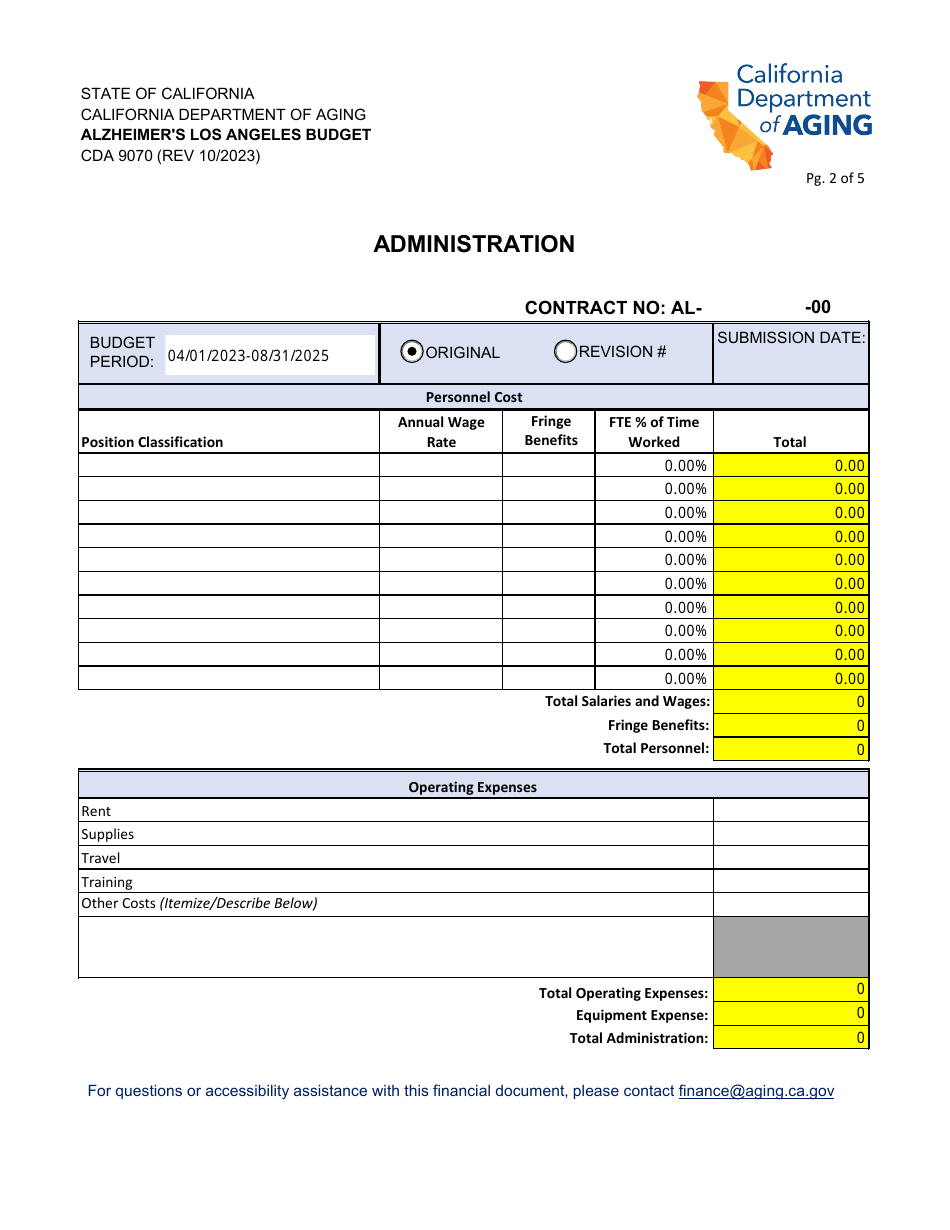 Form CDA9070 Alzheimers Los Angeles Budget Summary - California, Page 2