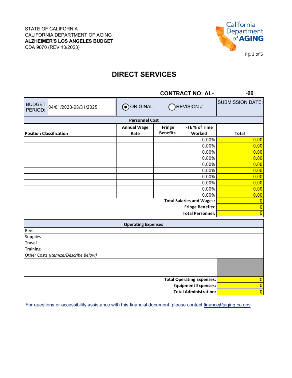 Form CDA9070 Alzheimers Los Angeles Budget Summary - California, Page 3