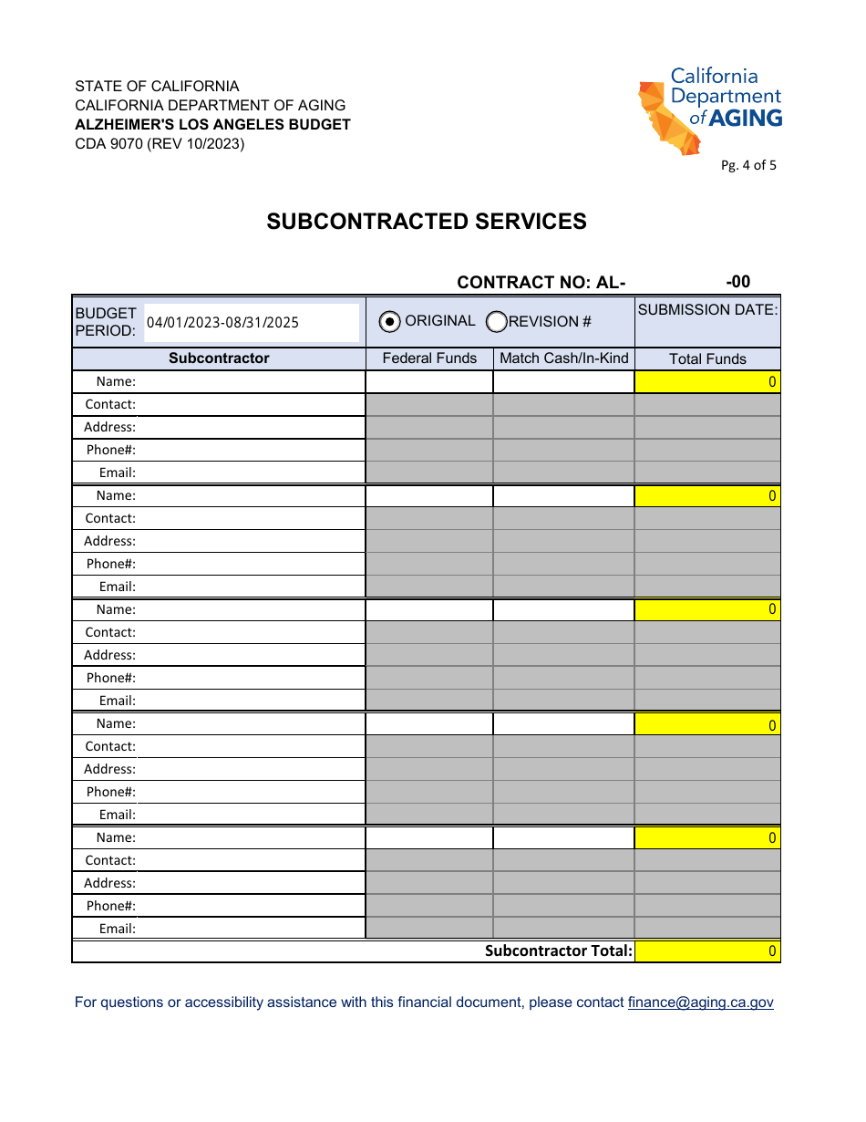 Form CDA9070 Alzheimers Los Angeles Budget Summary - California, Page 4