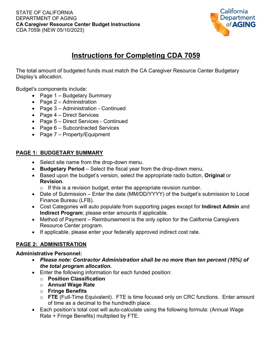 Instructions for Form CDA7059 Ca Caregiver Resource Center Budget - California, Page 1