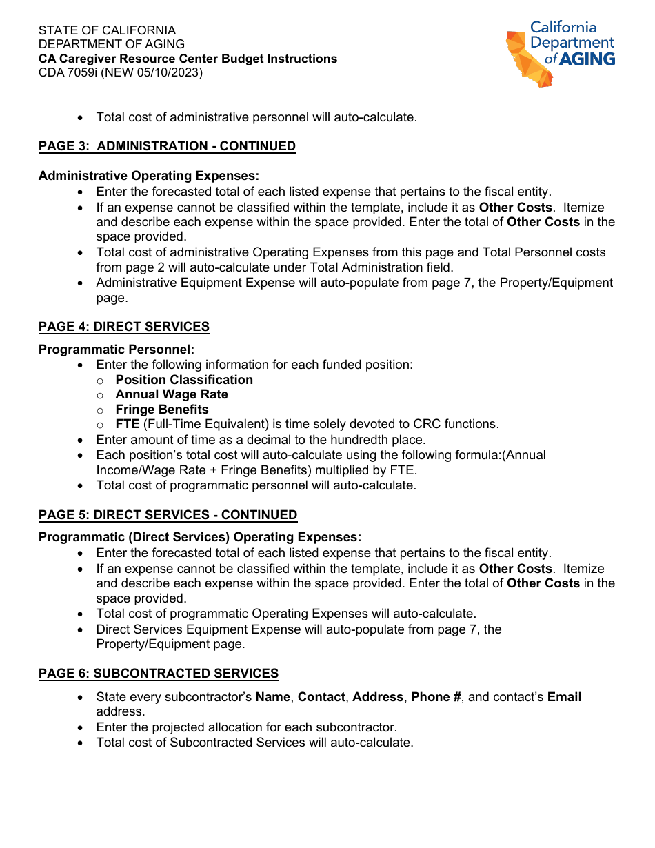 Instructions for Form CDA7059 Ca Caregiver Resource Center Budget - California, Page 2