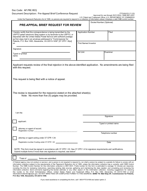 Form PTO/AIA/33 Pre-appeal Brief Request for Review