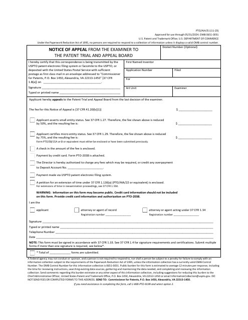 Form PTO/AIA/31 Notice of Appeal From the Examiner to the Patent Trial and Appeal Board