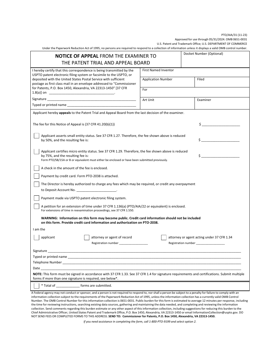 Form PTO / AIA / 31 Notice of Appeal From the Examiner to the Patent Trial and Appeal Board, Page 1