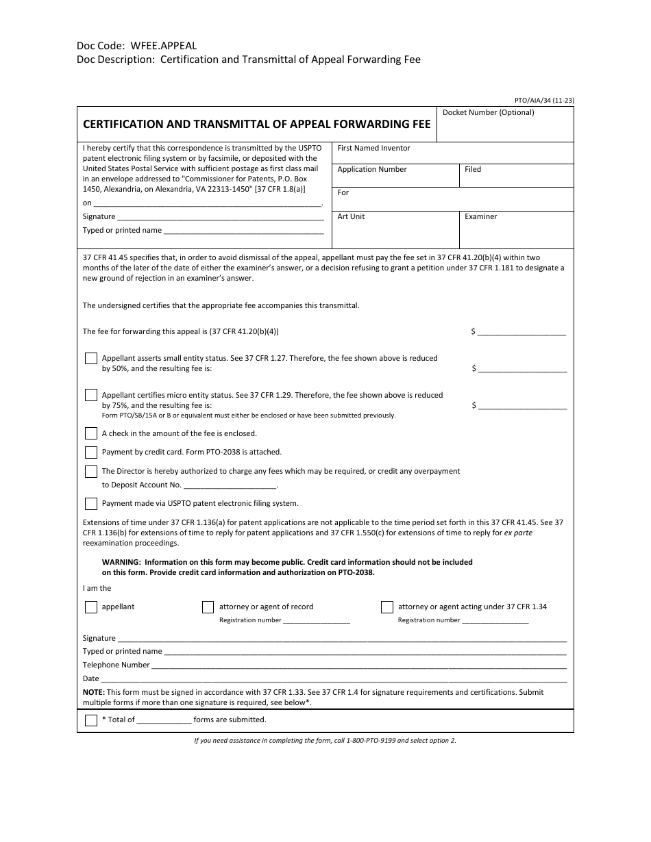 Form PTO / AIA / 34 Certification and Transmittal of Appeal Forwarding Fee, Page 1