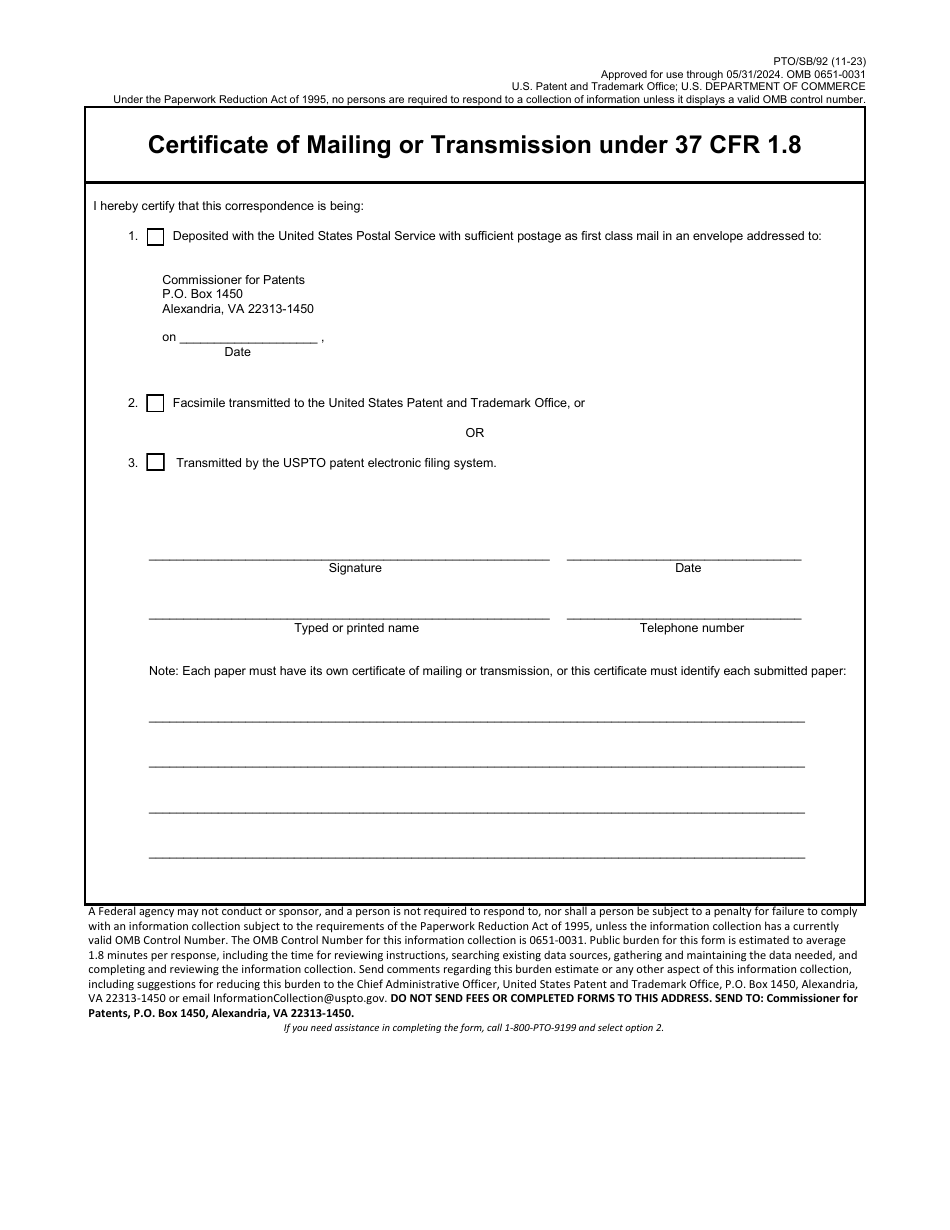 Form PTO / SB / 92 Certificate of Mailing or Transmission Under 37 Cfr 1.8, Page 1
