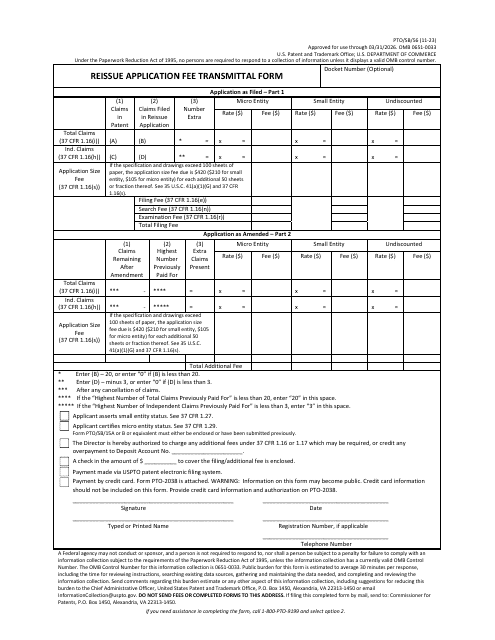 Form PTO/SB/56 Reissue Application Fee Transmittal Form