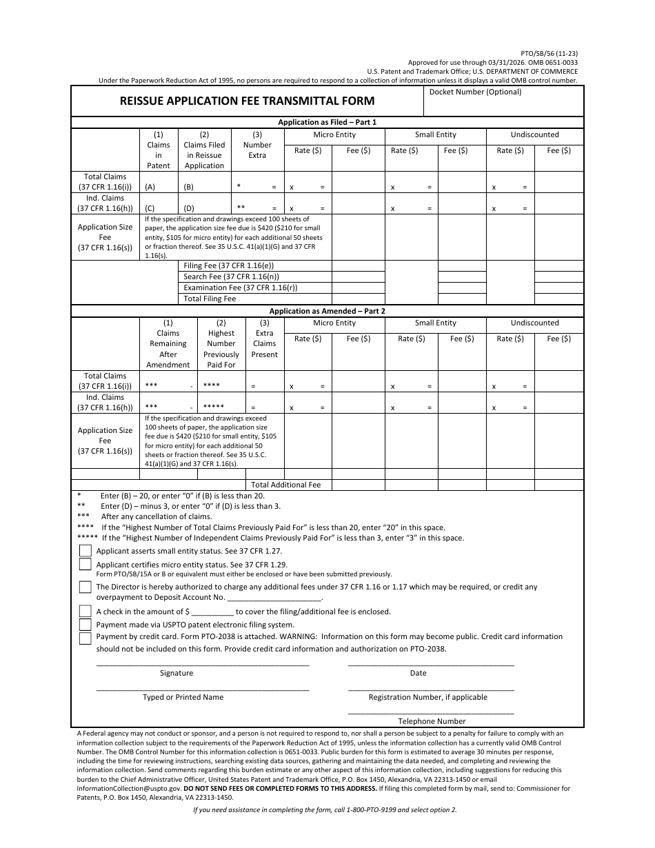 Form PTO / SB / 56 Reissue Application Fee Transmittal Form, Page 1