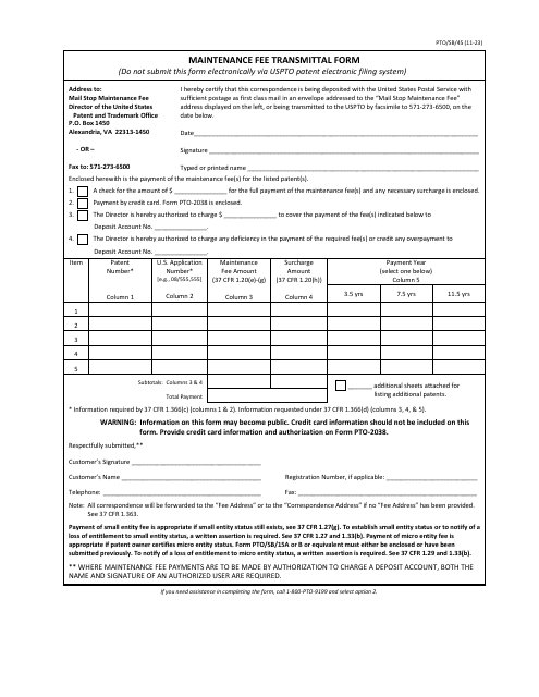 Form PTO/SB/45 Maintenance Fee Transmittal Form