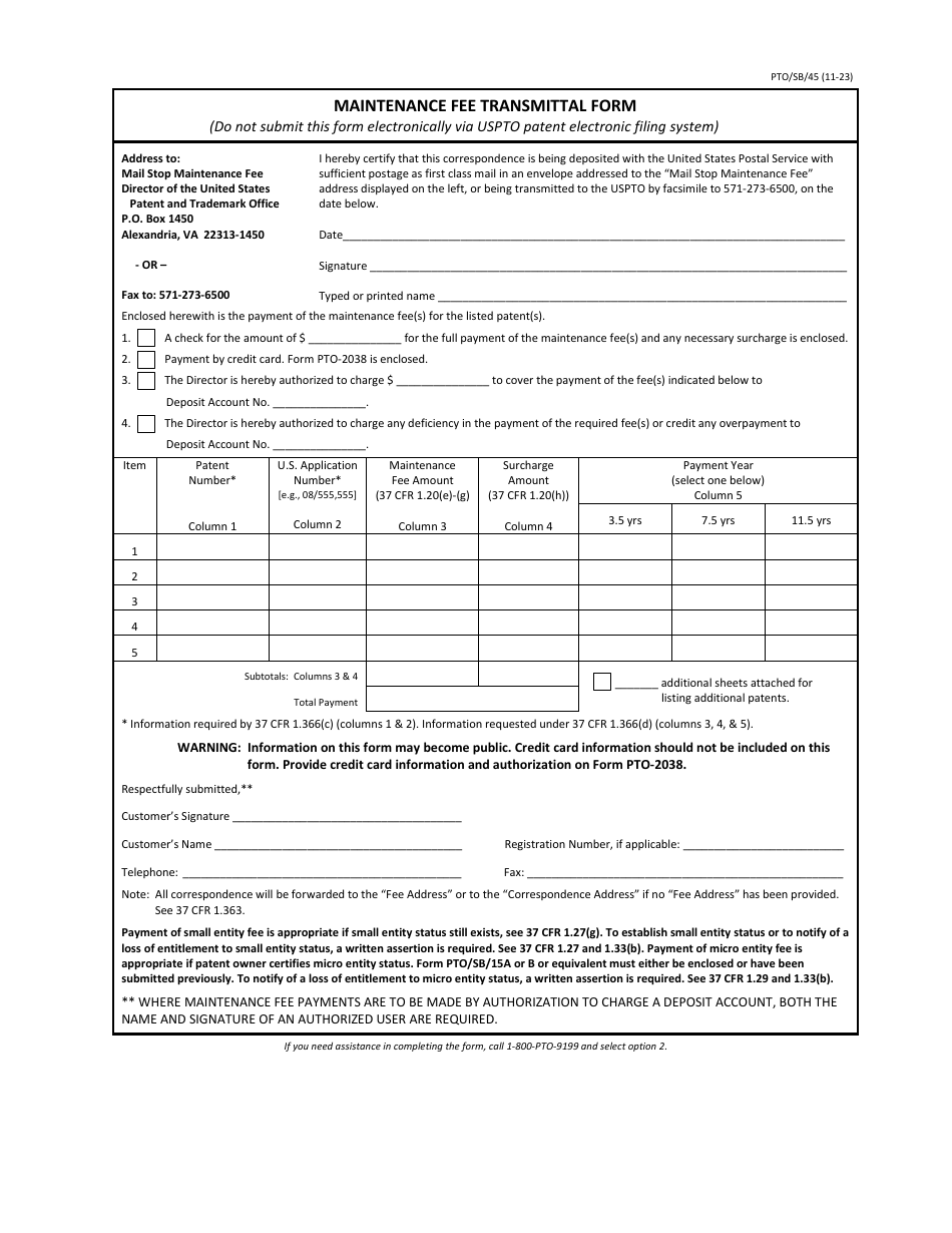Form PTO / SB / 45 Maintenance Fee Transmittal Form, Page 1