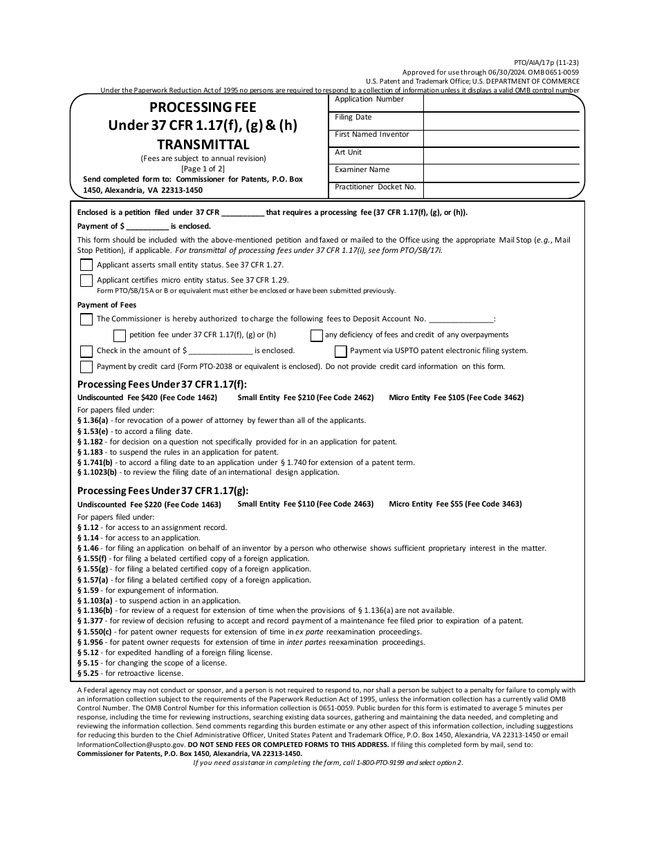Form PTO / AIA / 17P Processing Fee Under 37 Cfr 1.17(F), (G)  (H) Transmittal, Page 1