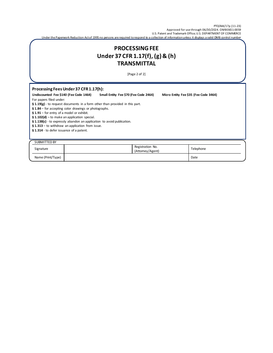 Form PTO / AIA / 17P Processing Fee Under 37 Cfr 1.17(F), (G)  (H) Transmittal, Page 2