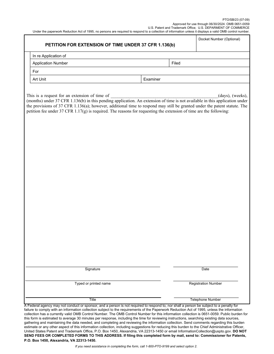 Form PTO / SB / 23 Petition for Extension of Time Under 37 Cfr 1.136(B), Page 1