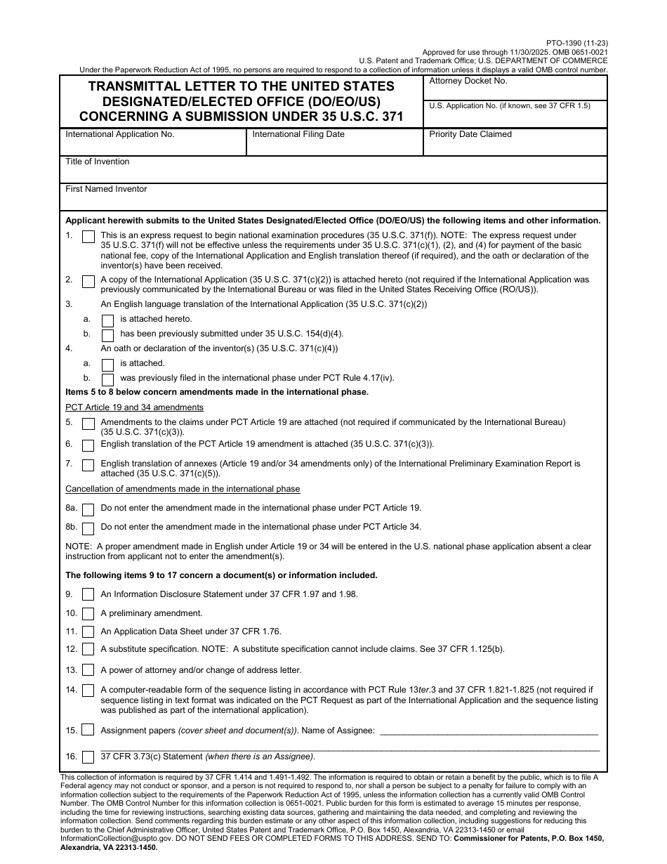 Form PTO-1390 Transmittal Letter to the United States Designated / Elected Office (Do / Eo / US) Concerning a Submission Under 35 U.s.c. 371, Page 1