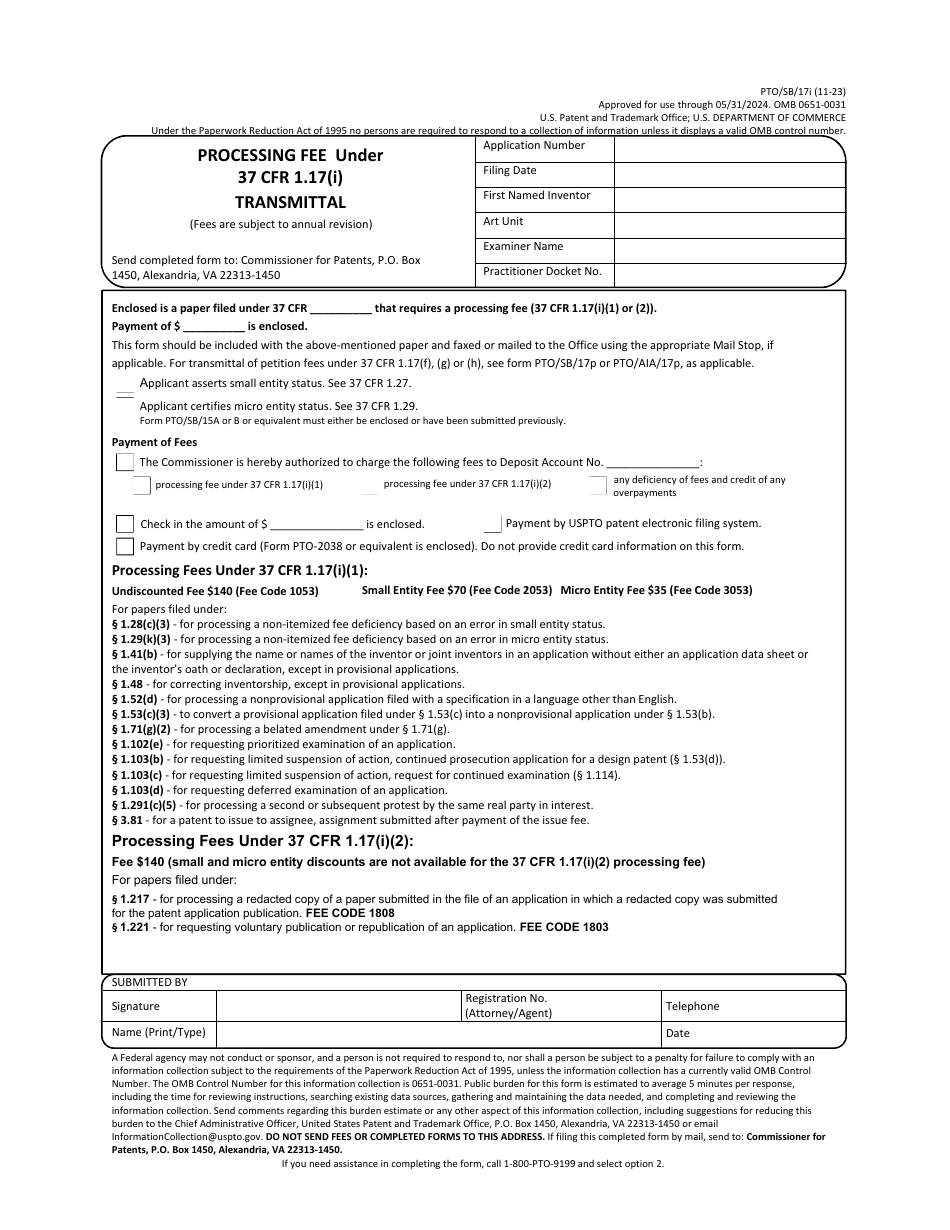 Form PTO / SB / 17I Processing Fee Under 37 Cfr 1.17(I) Transmittal, Page 1