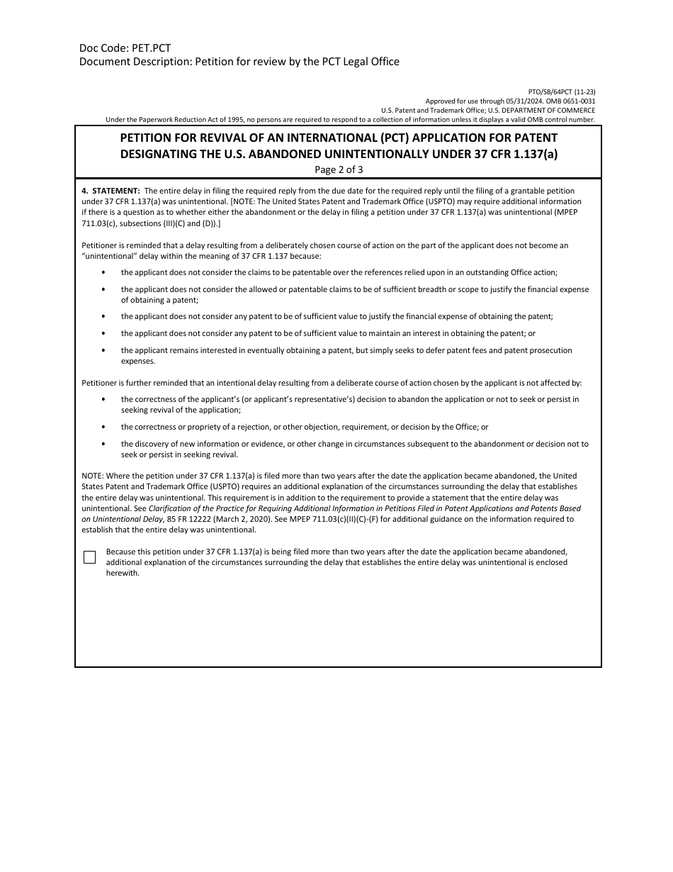 Form PTO / SB / 64PCT Petition for Revival of an International (Pct) Application for Patent Designating the U.S. Abandoned Unintentionally Under 37 Cfr 1.137(A), Page 2