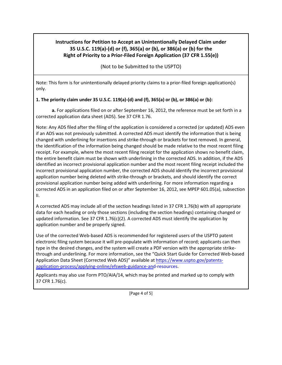 Form PTO / SB / 458 Petition to Accept an Unintentionally Delayed Claim Under 35 U.s.c. 119(A)-(D) or (F), 365(A) or (B), or 386(A) or (B) for the Right of Priority to a Prior-Filed Foreign Application (37 Cfr 1.55(E)), Page 4