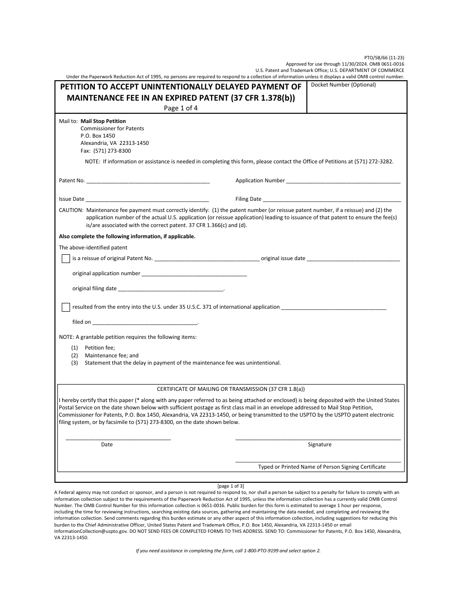 Form PTO / SB / 66 Petition to Accept Unintentionally Delayed Payment of Maintenance Fee in an Expired Patent (37 Cfr 1.378(B)), Page 1
