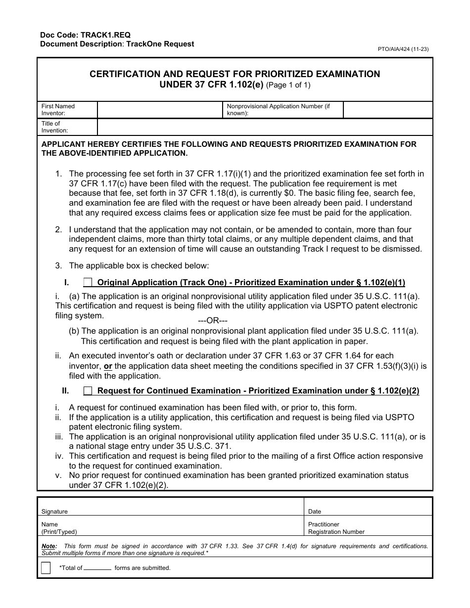Form PTO / AIA / 424 Certification and Request for Prioritized Examination Under 37 Cfr 1.102(E), Page 1