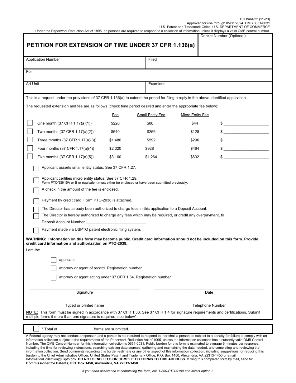 Form PTO / AIA / 22 Petition for Extension of Time Under 37 Cfr 1.136(A), Page 1