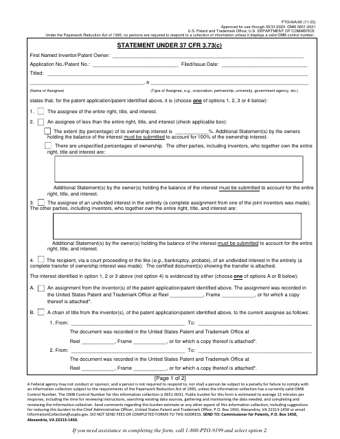 Form PTO/AIA/96 Statement Under 37 Cfr 3.73(C)