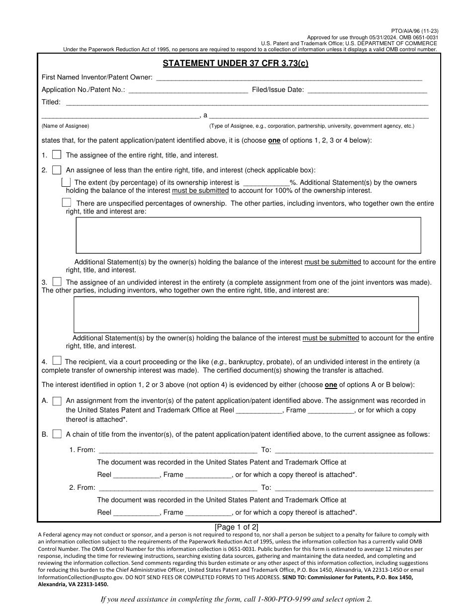 Form PTO / AIA / 96 Statement Under 37 Cfr 3.73(C), Page 1