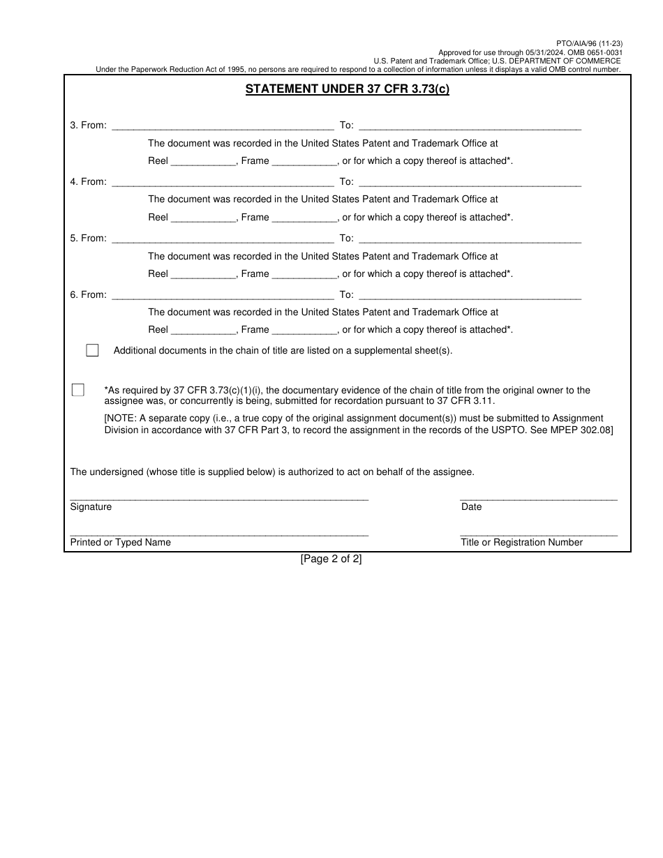 Form pto aia 96 download fillable pdf or fill online statement under 37