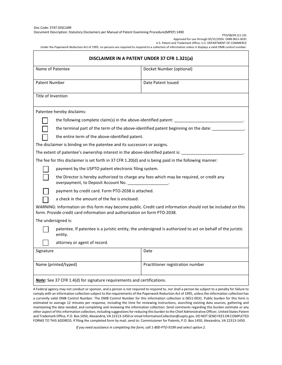 Form PTO / SB / 43 Disclaimer in a Patent Under 37 Cfr 1.321(A), Page 1