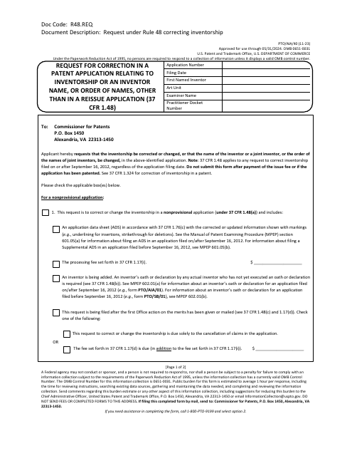 Form PTO/AIA/40 Request for Correction in a Patent Application Relating to Inventorship or an Inventor Name, or Order of Names, Other Than in a Reissue Application (37 Cfr 1.48)