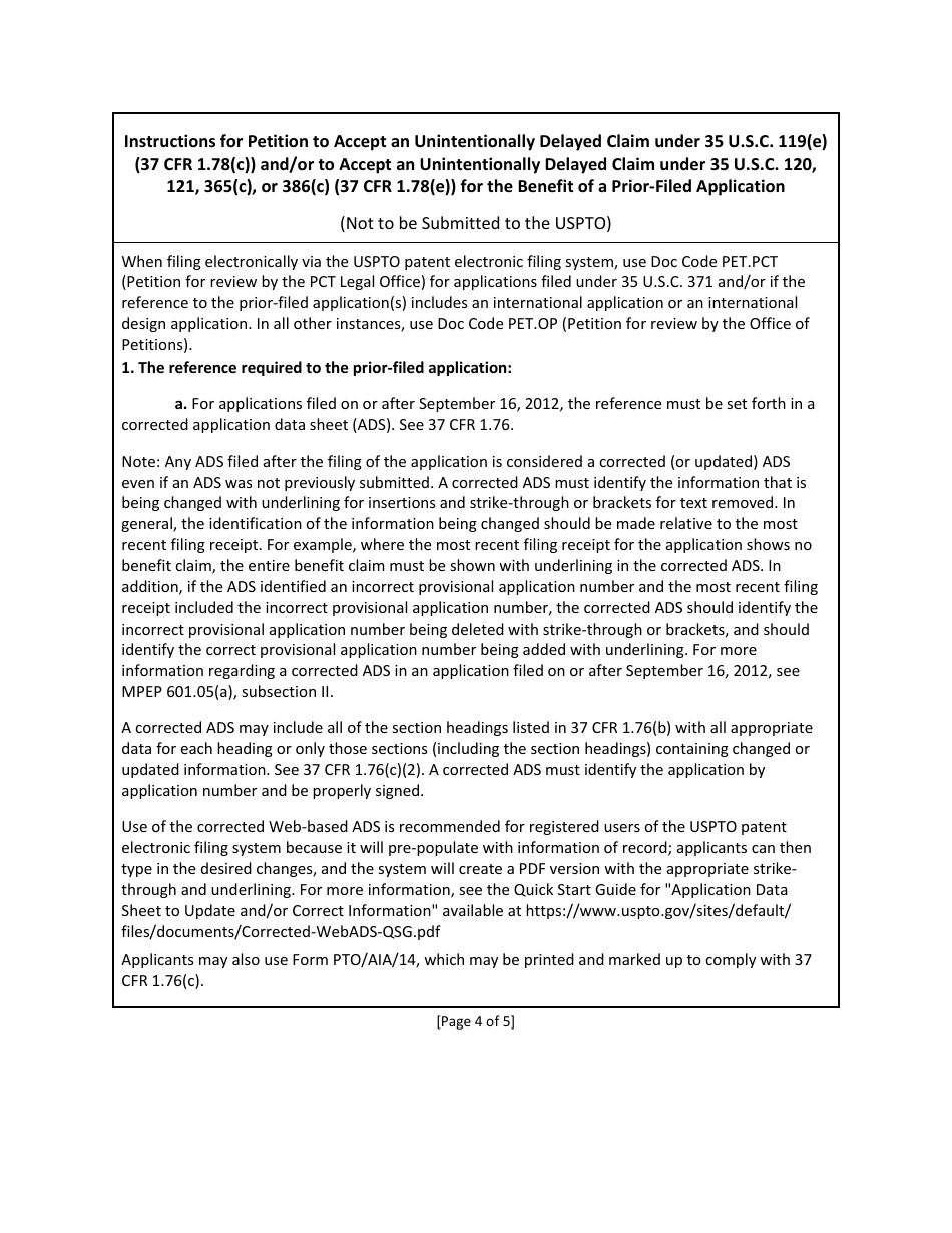 Form PTO / SB / 445 Petition to Accept an Unintentionally Delayed Claim Under 35 U.s.c. 119(E) (37 Cfr 1.78(C)) and / or to Accept an Unintentionally Delayed Claim Under 35 U.s.c. 120, 121, 365(C), or 386(C) (37 Cfr 1.78(E)) for the Benefit of a Prior-Filed Application, Page 4