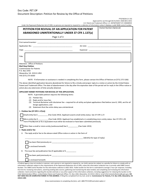 Form PTO/SB/64 Petition for Revival of an Application for Patent Abandoned Unintentionally Under 37 Cfr 1.137(A)