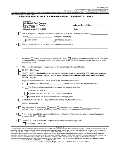 Form PTO/SB/57 Request for Ex Parte Reexamination Transmittal Form