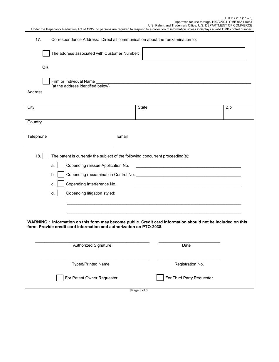 Form PTO / SB / 57 Request for Ex Parte Reexamination Transmittal Form, Page 3