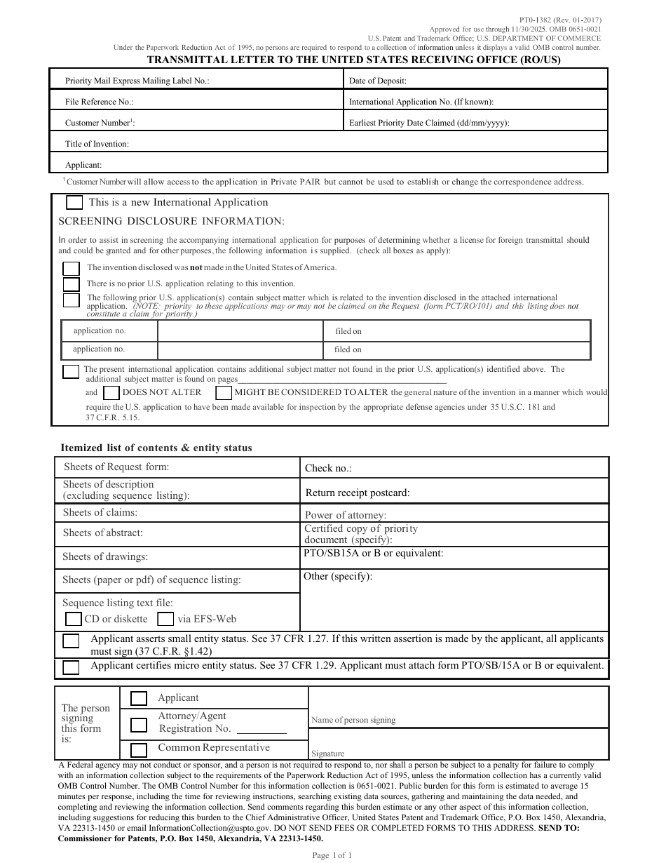 Form PTO-1382 Transmittal Letter to the United States Receiving Office, Page 1