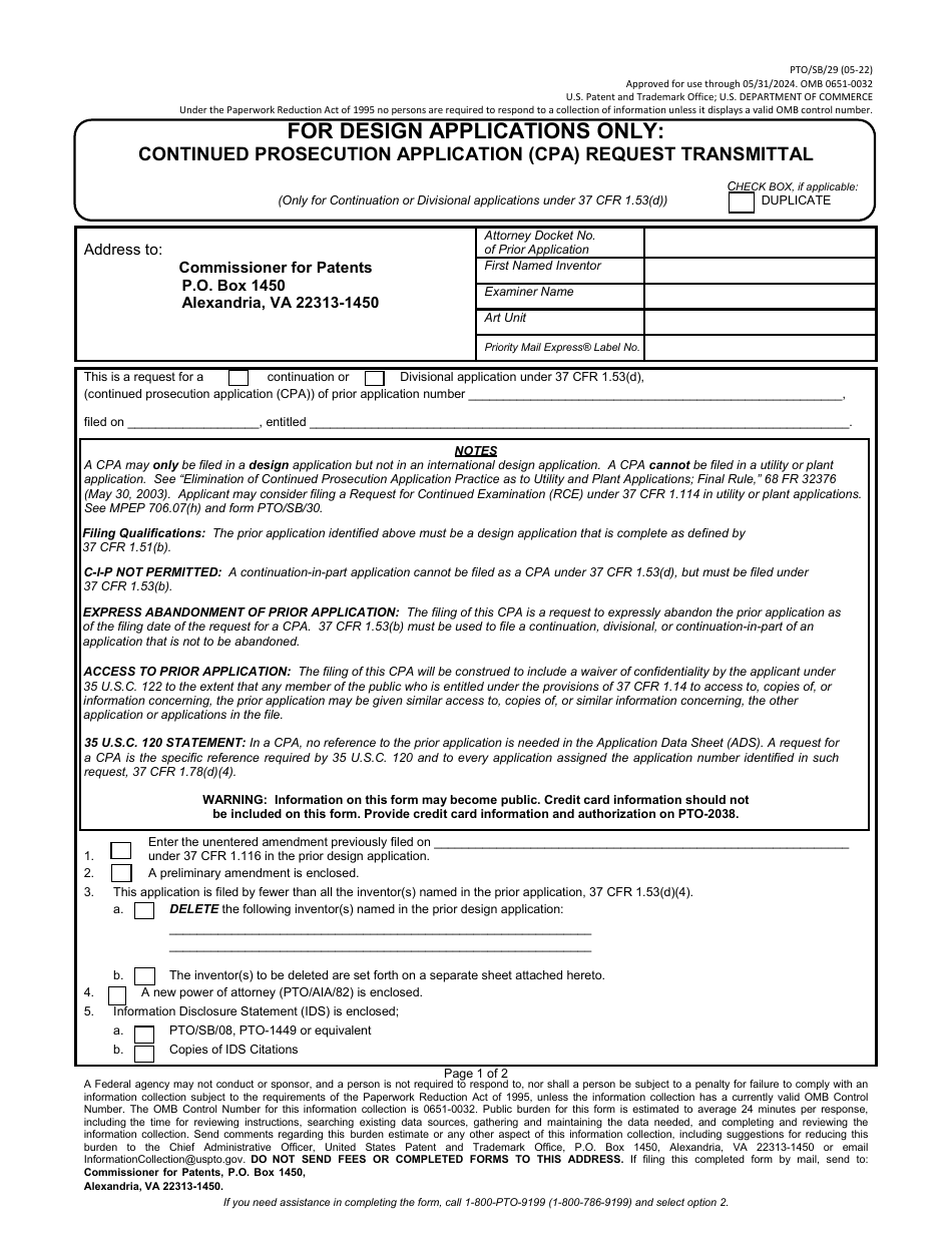 Form PTO / SB / 29 Continued Prosecution Application (CPA) Request Transmittal - for Design Applications Only, Page 1
