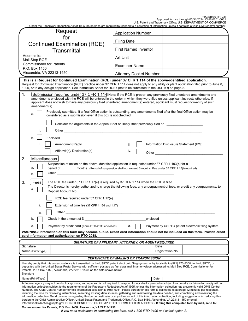 Form PTO / SB / 30 Request for Continued Examination (Rce) Transmittal, Page 1