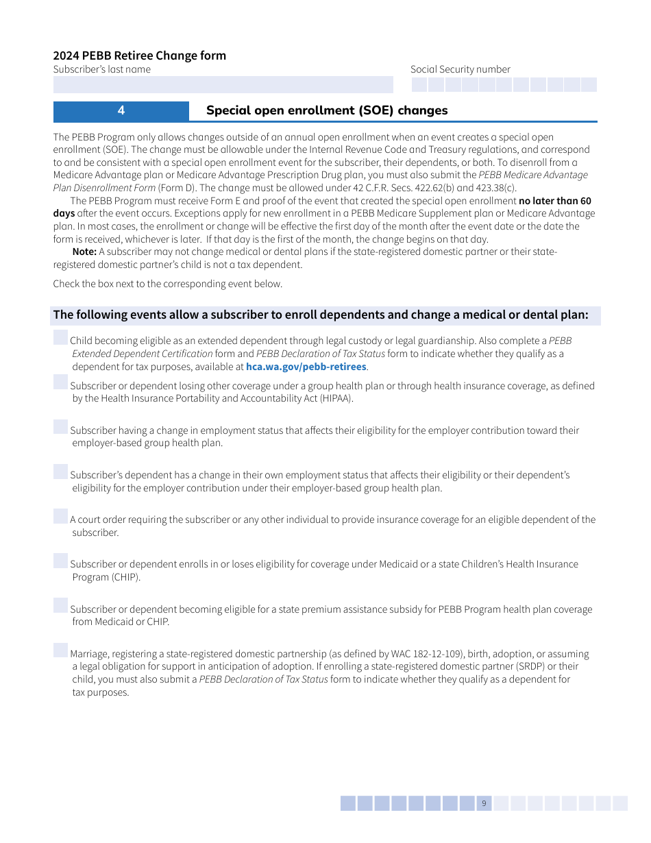 Form E (HCA51-0007) Pebb Retiree Change Form - Washington, Page 9