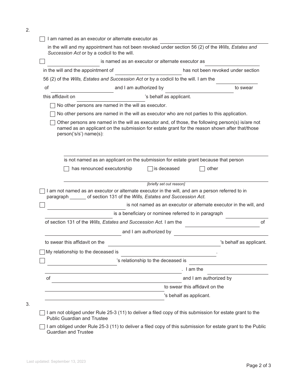 Form P3 Affidavit of Applicant for Grant of Probate or Grant of Administration With Will Annexed (Short Form) - British Columbia, Canada, Page 2