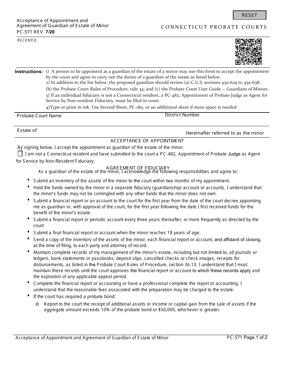 Form PC-571 Acceptance of Appointment and Agreement of Guardian of Estate of Minor - Connecticut, Page 1