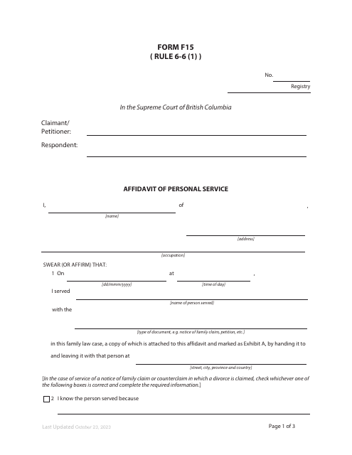 Form F15 Affidavit of Personal Service - British Columbia, Canada