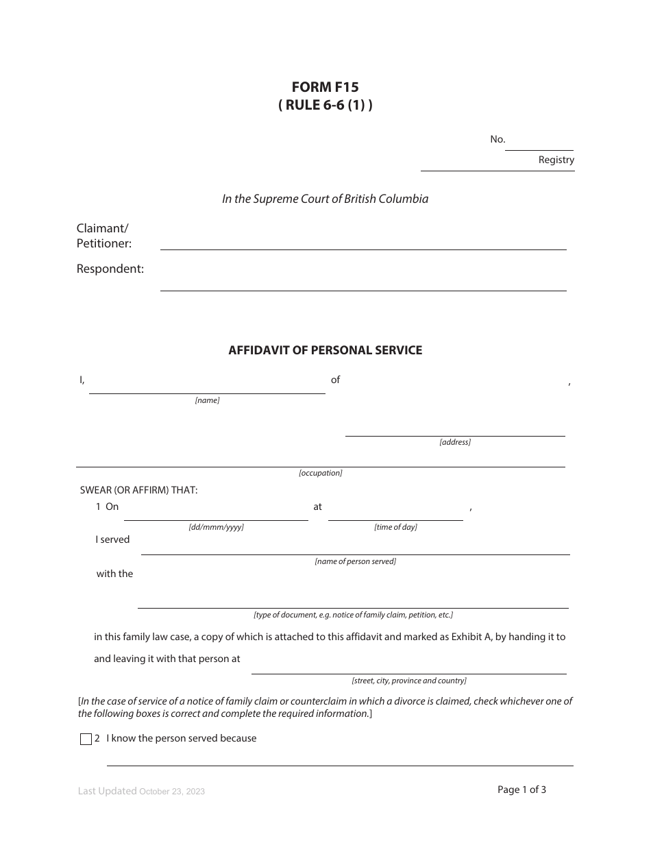 Form F15 Affidavit of Personal Service - British Columbia, Canada, Page 1