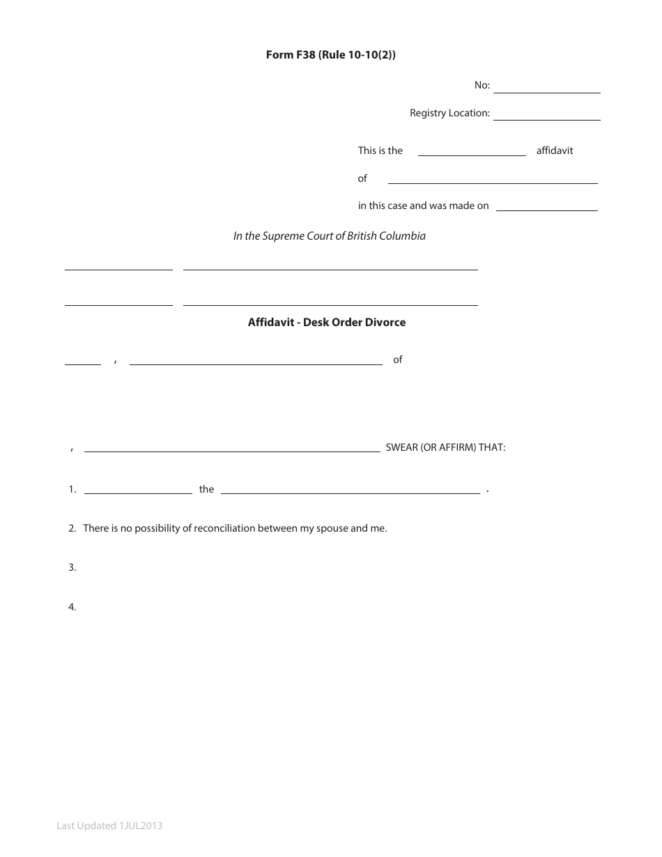 Form F38 Affidavit - Desk Order Divorce - British Columbia, Canada, Page 1