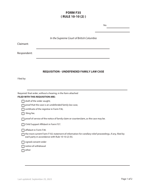 Form F35 Requisition - Undefended Family Law Case - British Columbia, Canada