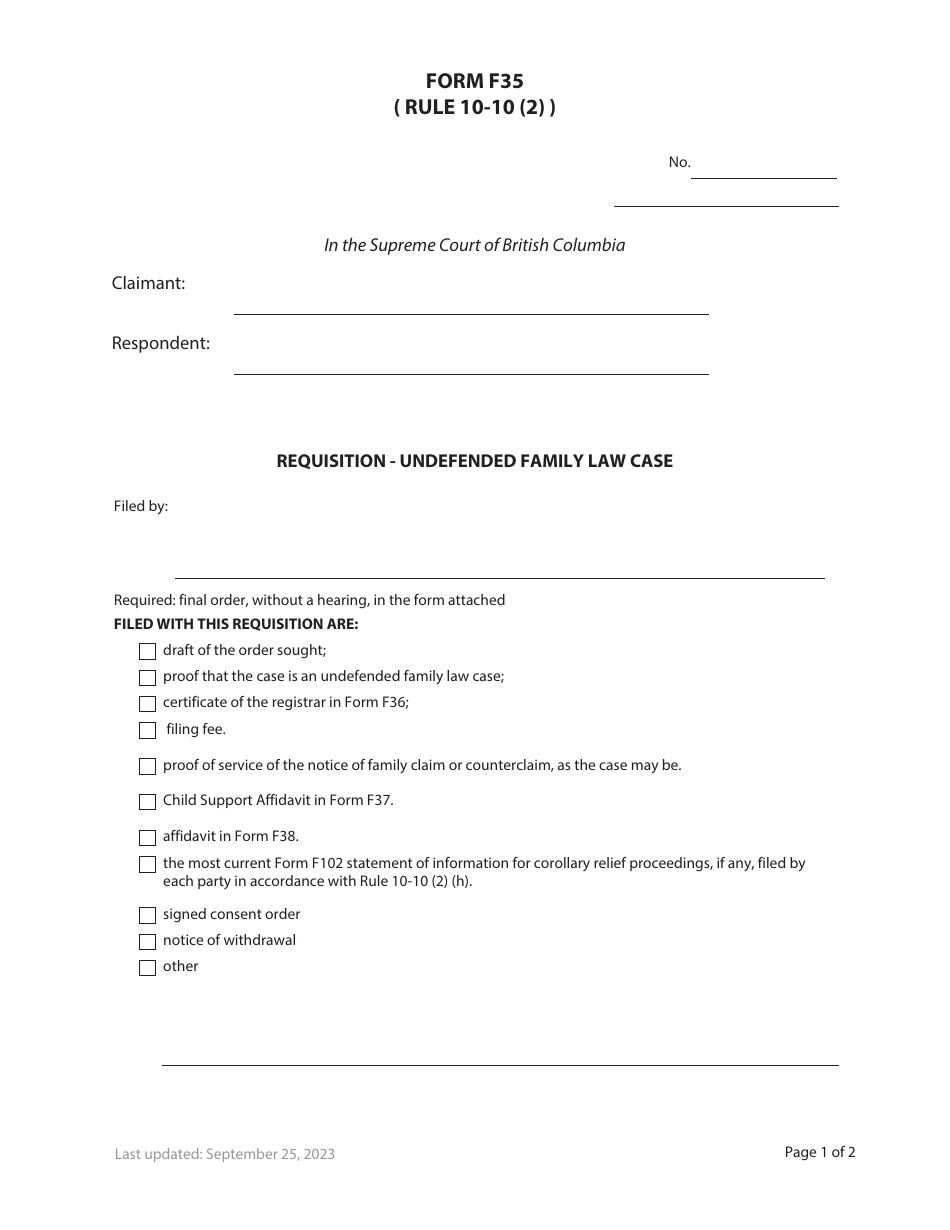 Form F35 Requisition - Undefended Family Law Case - British Columbia, Canada, Page 1